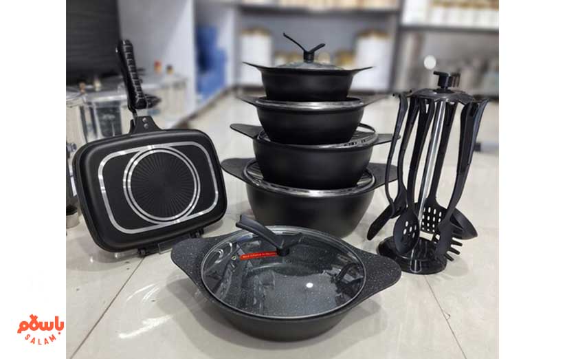 سرویس قابلمه چدن گرانیتی 15 پارچه با کفگیر و ملاقه آکبند