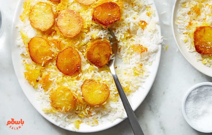 طرز تهیه ته دیگ برنج با سیب زمینی ورقه ای
