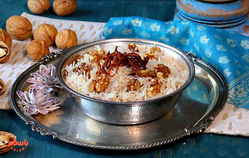 طرز تهیه گردو پلو مجلسی با گوشت، مرغ و میگو