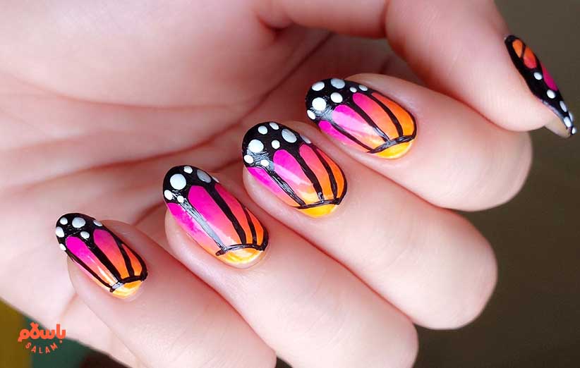 طرح پاییزی ناخن با تم پروانه