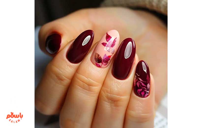 طراحی ناخن پاییزی با لاک زرشکی