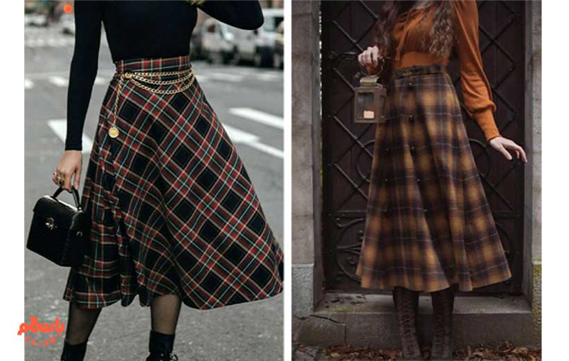 استایل با دامن چهارخونه بلند