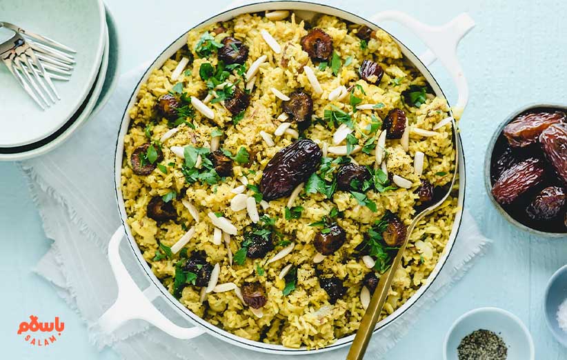 طرز تهیه و تزیین خرما پلو ساده با گوشت چرخ کرده و مرغ