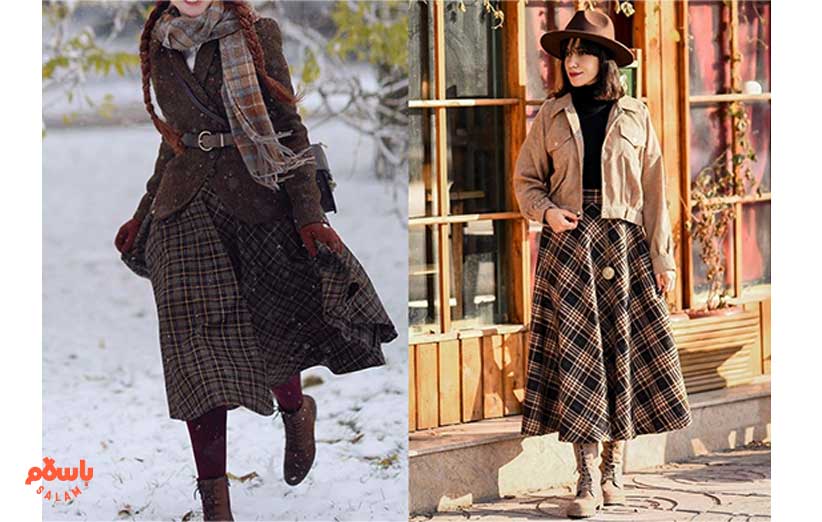 استایل با دامن چهارخونه بلند