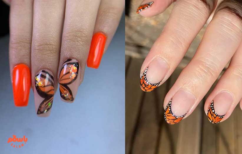 طرح پاییزی ناخن با تم پروانه