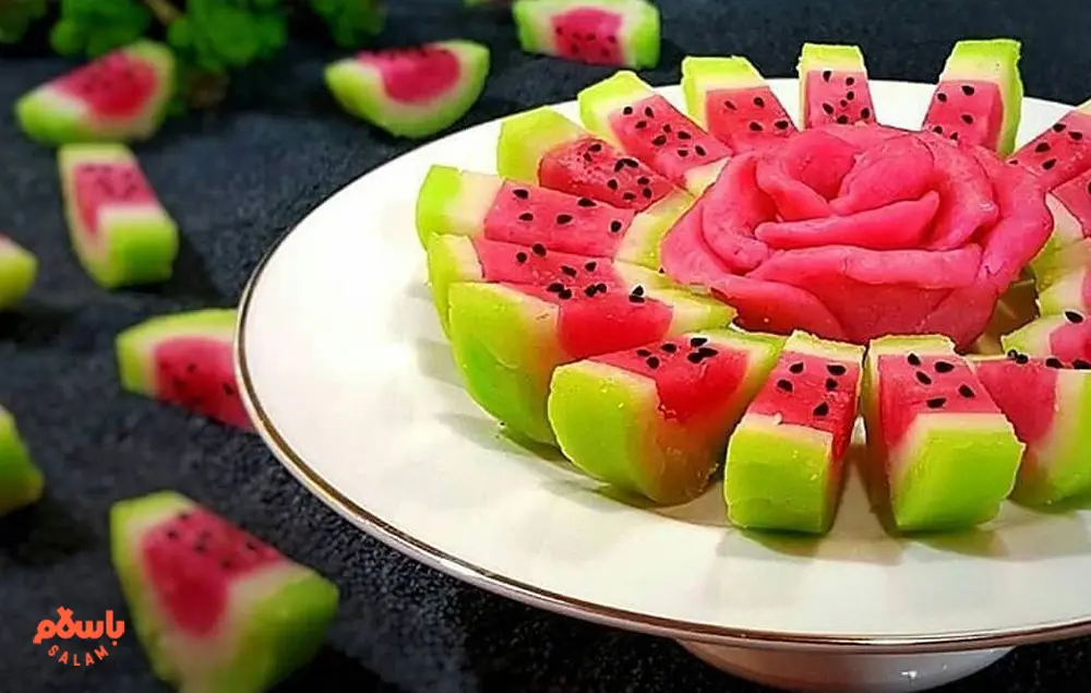 باسلوق یلدا با نشاسته، ژله، ژلاتین و شیره + تزیین هندوانه ای و اناری