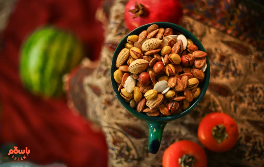 تزیین آجیل شب یلدا در جام، سینی، سبد و باکس