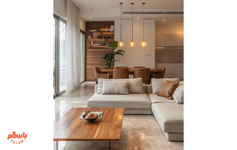 چیدمان مبل و میز ناهارخوری در پذیرایی مستطیل شکل بزرگ