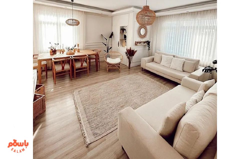 نحوه چیدمان مبل و میز ناهارخوری در پذیرایی مستطیل شکل