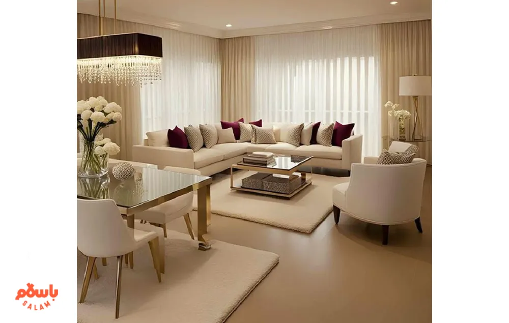 عکس چیدمان مبل و میز ناهارخوری در پذیرایی مستطیل شکل