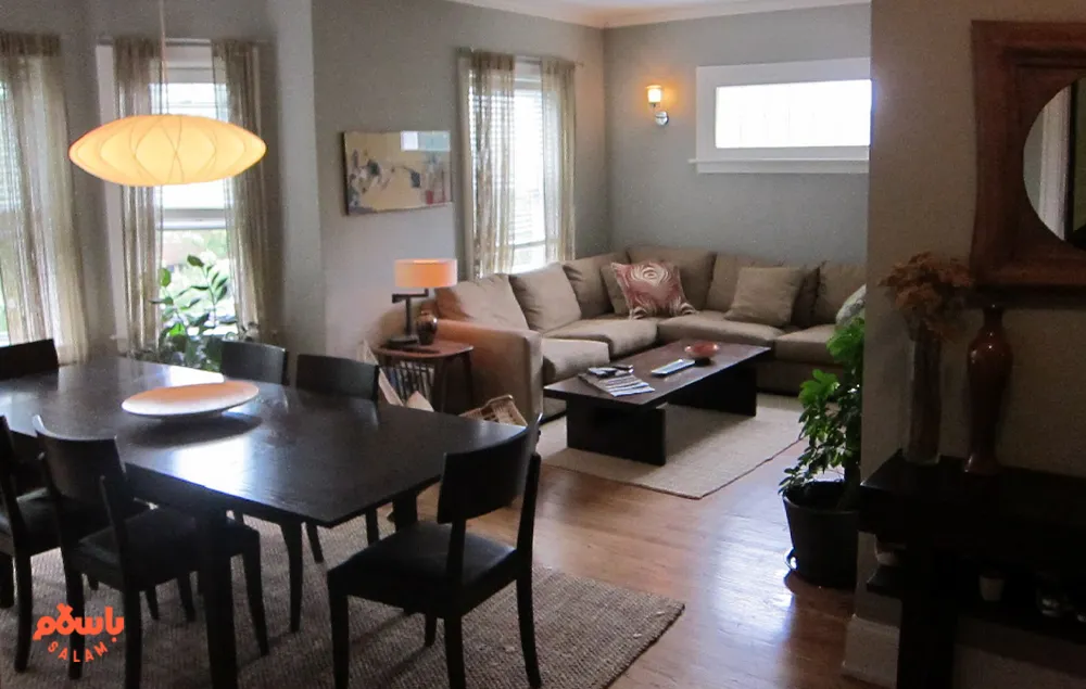 مدل چیدمان مبل و میز ناهارخوری در پذیرایی مستطیل شکل