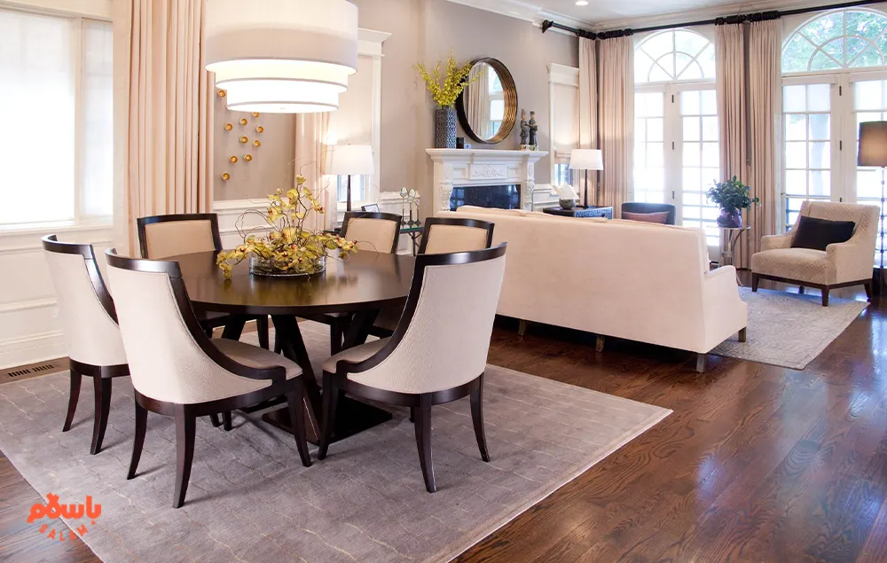 ایده برای چیدمان مبل و میز ناهارخوری در پذیرایی مستطیل شکل