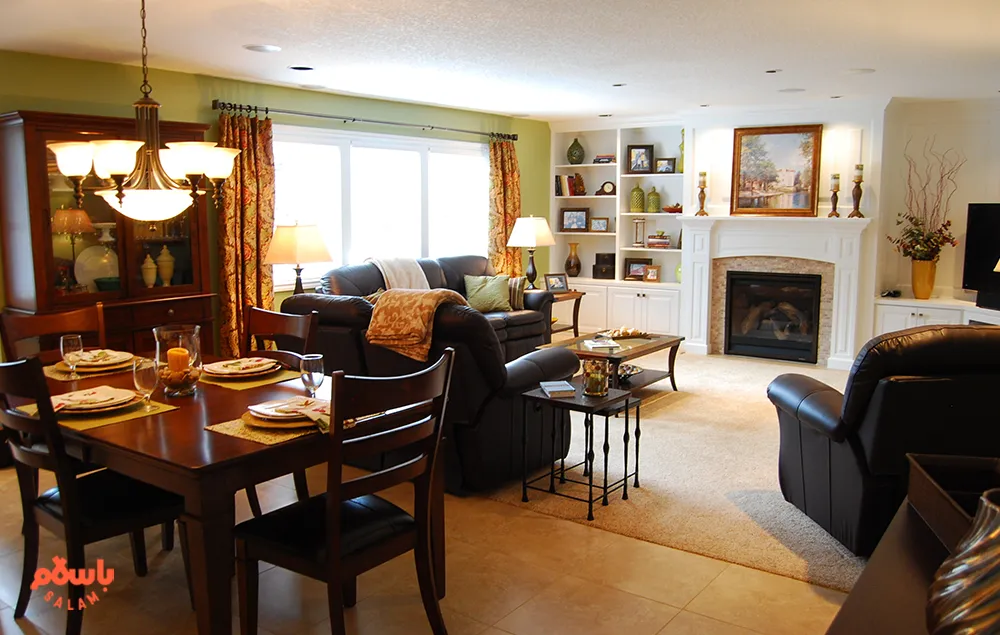 چیدمان مبل و میز ناهارخوری در پذیرایی ال شکل