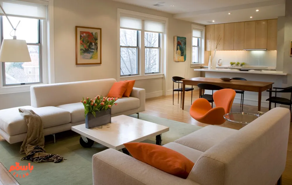 چیدمان مبل و میز ناهارخوری در پذیرایی مستطیل شکل کوچک