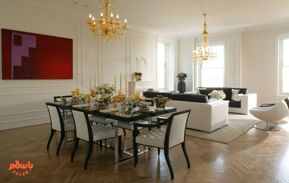 طراحی چیدمان مبل و میز ناهارخوری در پذیرایی مستطیل شکل