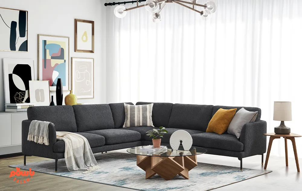 چیدمان مبل ال در پذیرایی مستطیل
