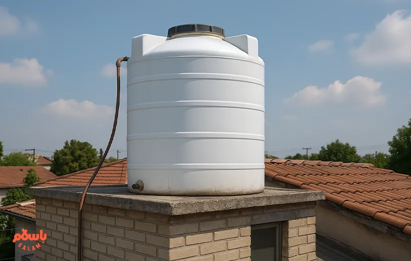 مخزن آب پلاستیکی سفید سه‌لایه نصب‌شده روی بام ساختمان مسکونی برای ذخیره‌سازی آب مصرفی در مناطق شهری