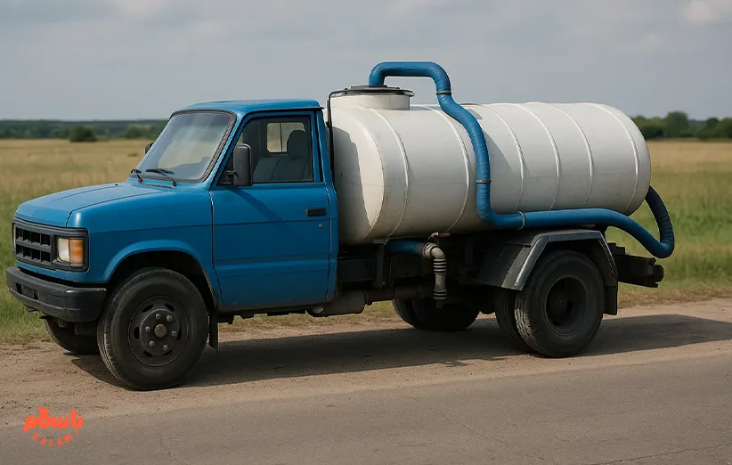 خودرو تانکر آبی با مخزن پلاستیکی سفید و لوله‌کشی آبی‌رنگ، مورد استفاده برای حمل و توزیع آب در مناطق کشاورزی یا روستایی