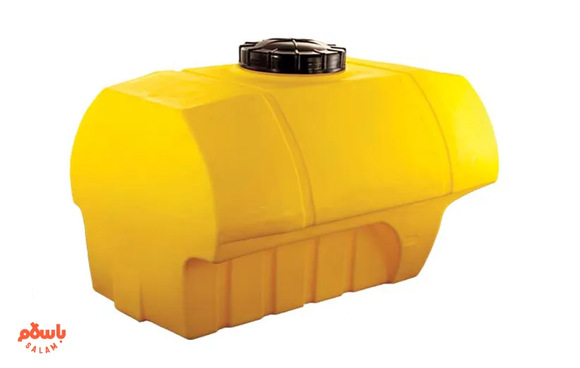 مخزن سم پاش پلی‌اتیلن زرد رنگ افقی با درب مشکی، مناسب برای ذخیره‌سازی آب، کود مایع یا سم در مصارف کشاورزی و صنعتی