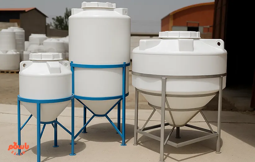 مخازن قیفی پلاستیکی پایه‌دار در ابعاد مختلف، مناسب برای تخلیه کامل مایعات و مواد شیمیایی، نصب‌شده بر روی پایه فلزی در محیط صنعتی یا کارگاهی